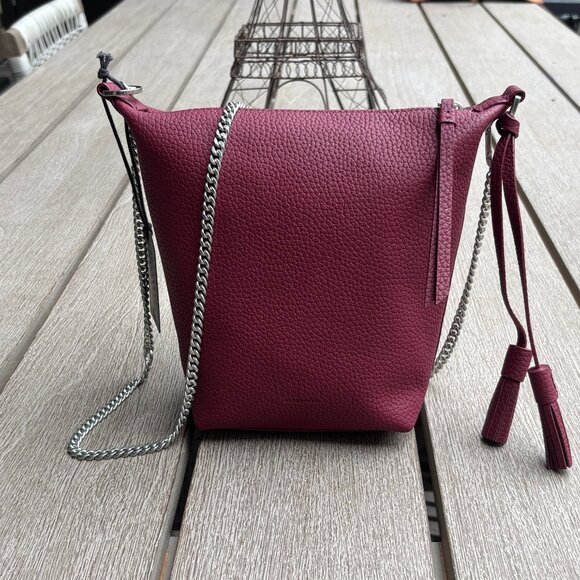 AllSaints Evaline Tassel Crossbody Bag Winter Orchid Red Leather Chain Strap NWT - Picture 2 of 13